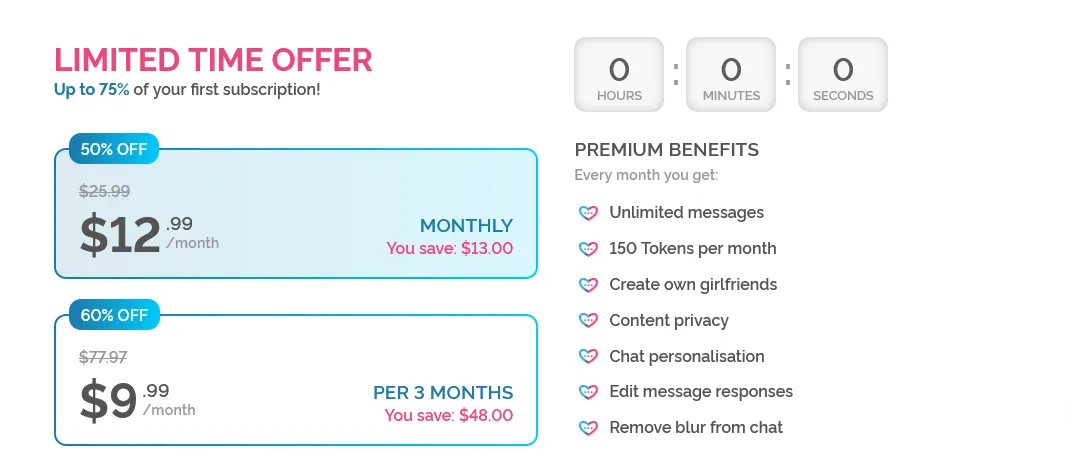 Two of the pricing options available in DreamGF